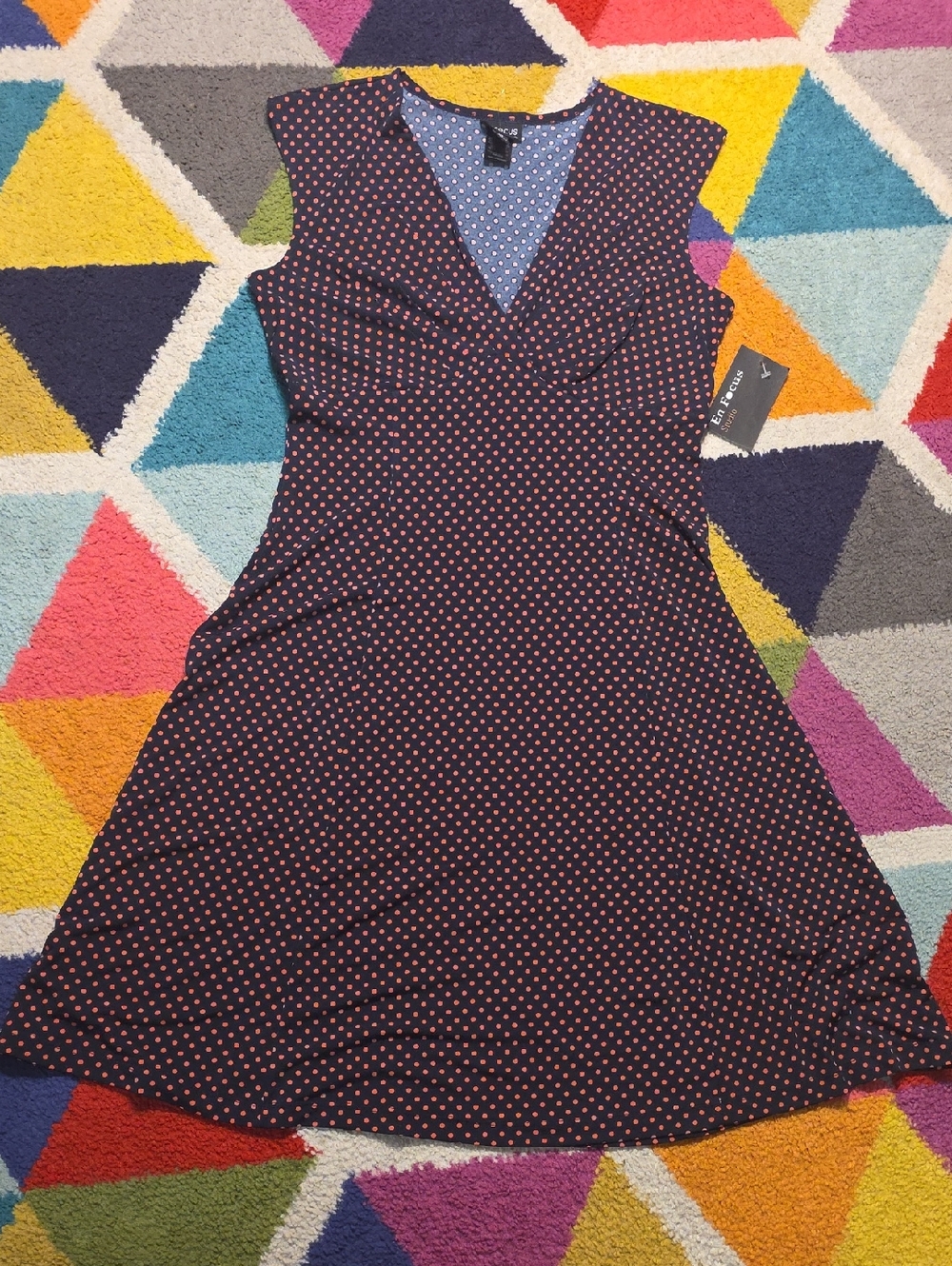 EnFocus Navy Coral Pink Dot Swing Sleeveless Dress Size 10 NWT